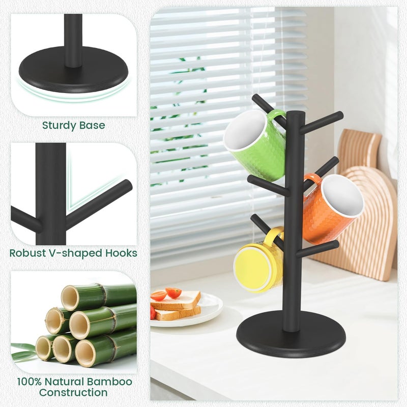 EsLuker.ly Mug Holder Tree, Bamboo Coffee Cup Display Rack with 6 Hooks for Home Kitchen Counter, Wood Mug Stand Station Organizer, Black, A Must-Have for Coffee Lover - Image 3